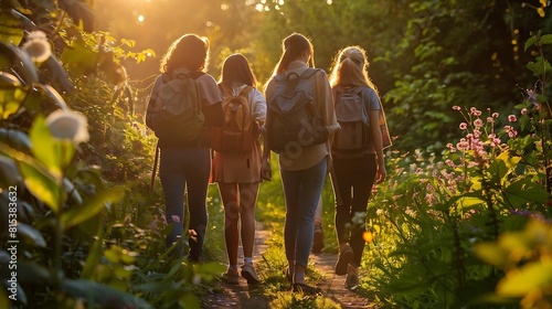 a group friends casually walking down a narrow, natural path, showcasing their backpacks surrounded by lush greenery