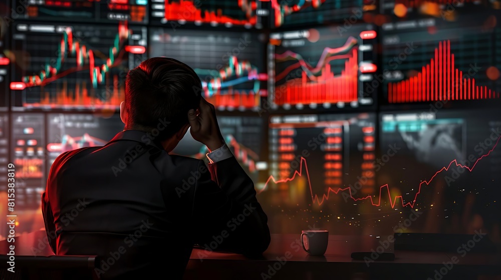 a stressed businessman in a dark room facing multiple screens showing declining stock market graphs, concept of financial crisis. a stressed businessman in a dark room facing multiple screens showing declining stock market graphs, concept of financial crisis.