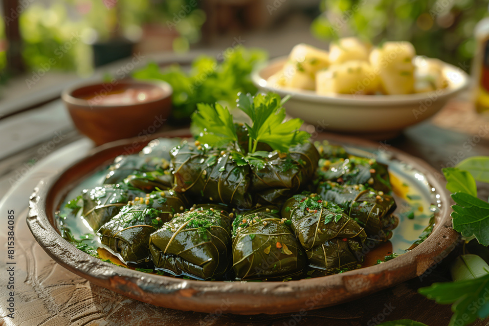 Stuffed Grape Leaves Served in a Traditional Setting Stuffed Grape Leaves Served in a Traditional Setting
