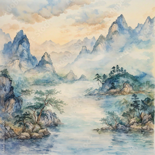 Asian Aesthetic Watercolor Scenic Mountain and River Illustration