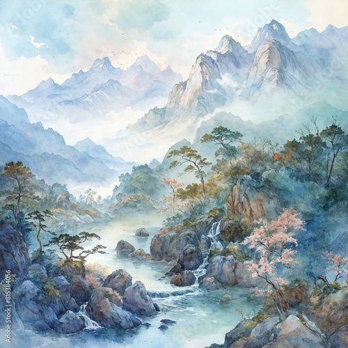 Asian Aesthetic Watercolor Scenic Mountain and River Illustration