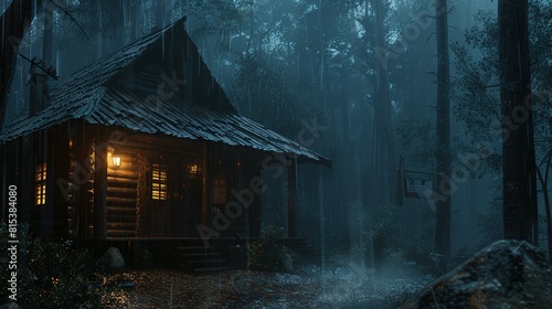 An Empty Cabin Awaits Amidst the Forest's Rainy Embrace