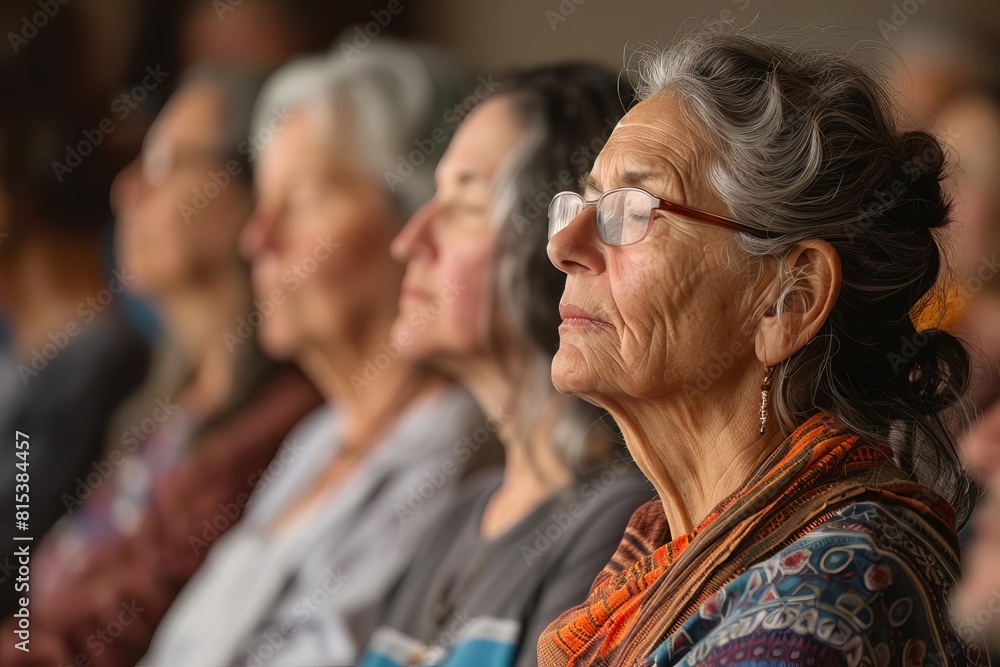A close-up of an elderly woman with gray hair and glasses, sitting in a yoga pose with her eyes closed and a peaceful expression on her face A close-up of an elderly woman with gray hair and glasses, sitting in a yoga pose with her eyes closed and a peaceful expression on her face