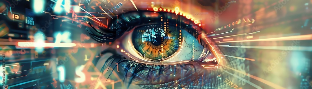 Double exposure of an eye focused on digital screens, front view, vision meets technology, scifi tone, vivid AI Generated Double exposure of an eye focused on digital screens, front view, vision meets technology, scifi tone, vivid AI Generated