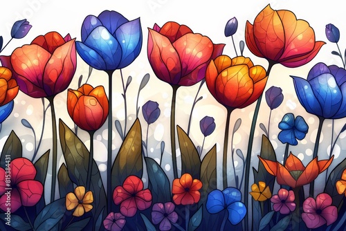 a pattern of tulips and wildflowers in the style of a stained glass window #815384431