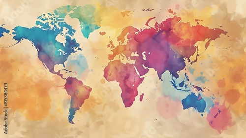 Fototapeta Naklejka Na Ścianę i Meble -  a world map with a watercolor aesthetic, abstract interpretation of a global map