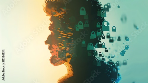 Silhouette of hacker with padlock icons, side view, hacker vs security, robotic tone, Tetradic color scheme AI Generated photo