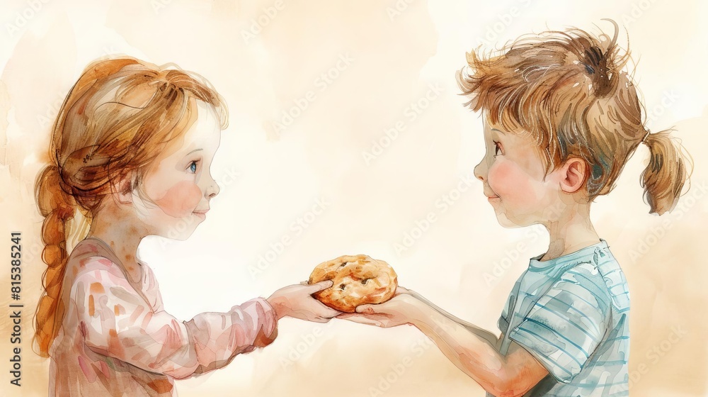 A young girl offers a cookie to a young boy A young girl offers a cookie to a young boy
