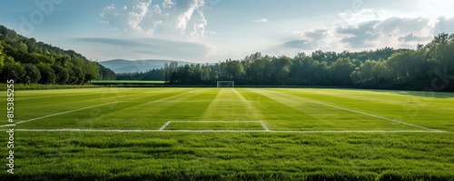 A beautiful soccer field with a goal in the distance