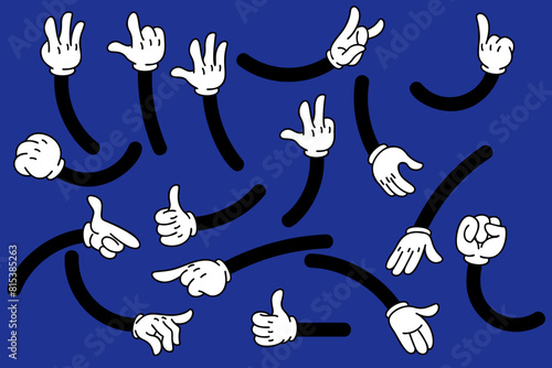 Set of cartoon hands in gloves. Retro style mascot hands. Rubber hose style hands. Vector illustration