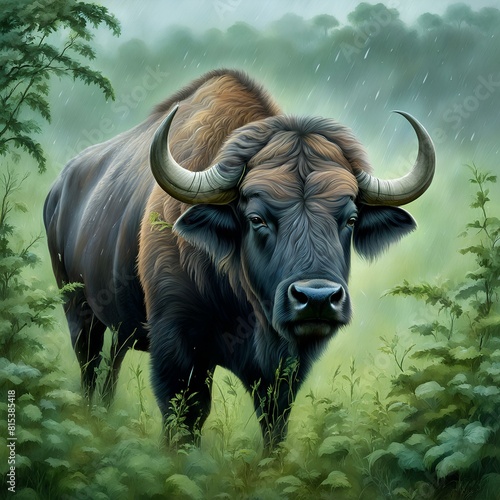 Photography African Buffalo Nestled in Rainy Undergrowth