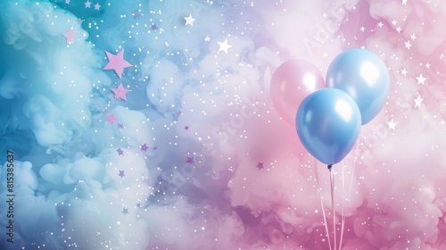 Gender Reveal Celebration Blue and Pink Party for Boy or Girl, Happy Baby Shower Announcement with Cute Illustration and attributes. Great as invitation card design template.