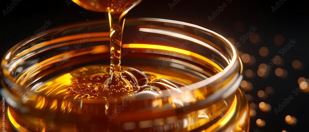 thick golden amber honey being poured slowly into a glass jar with intricate patterns. thick golden amber honey being poured slowly into a glass jar with intricate patterns.