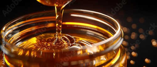 thick golden amber honey being poured slowly into a glass jar with intricate patterns.