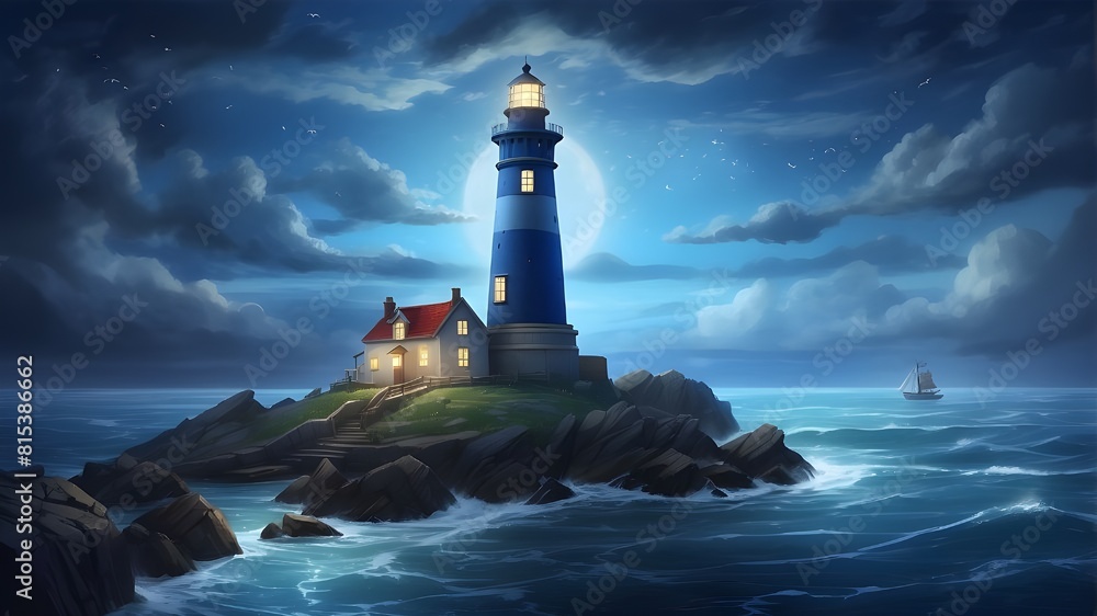 The Blue Lighthouse: Craft a story about a lighthouse standing tall on a rocky coastline, its beacon shining brightly against the deep blue night sky. Explore the lives of the keepers who tend to this
