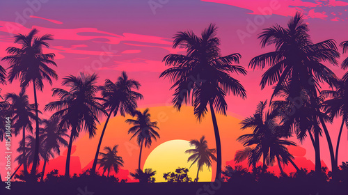 Silhouette of palm trees at tropical sunrise or sunset, ideal for travel and vacation promotions. © ELmidoi-AI