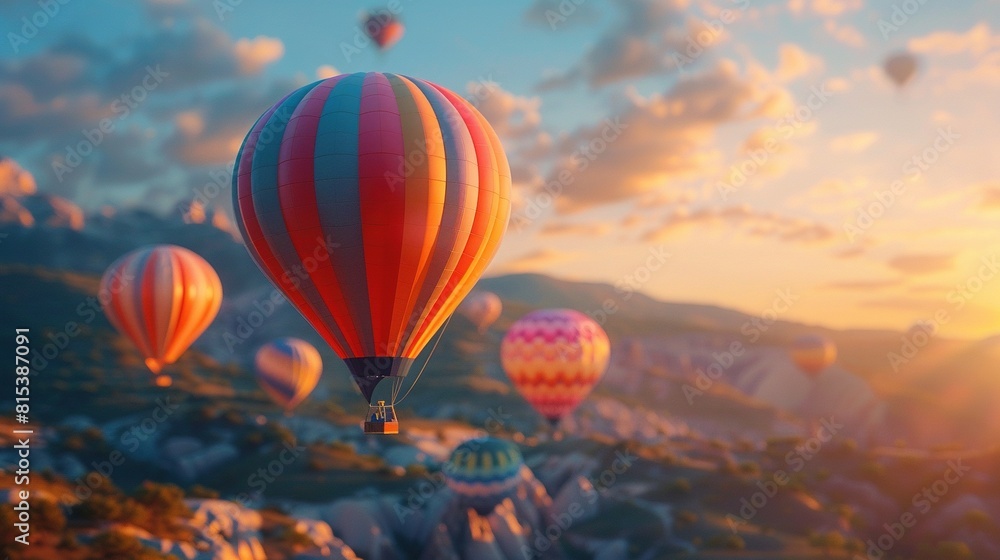 Obraz premium Colorful hot air balloons fly in blue sky over amazing valleys with fairy chimneys in Cappadocia, Turkey
