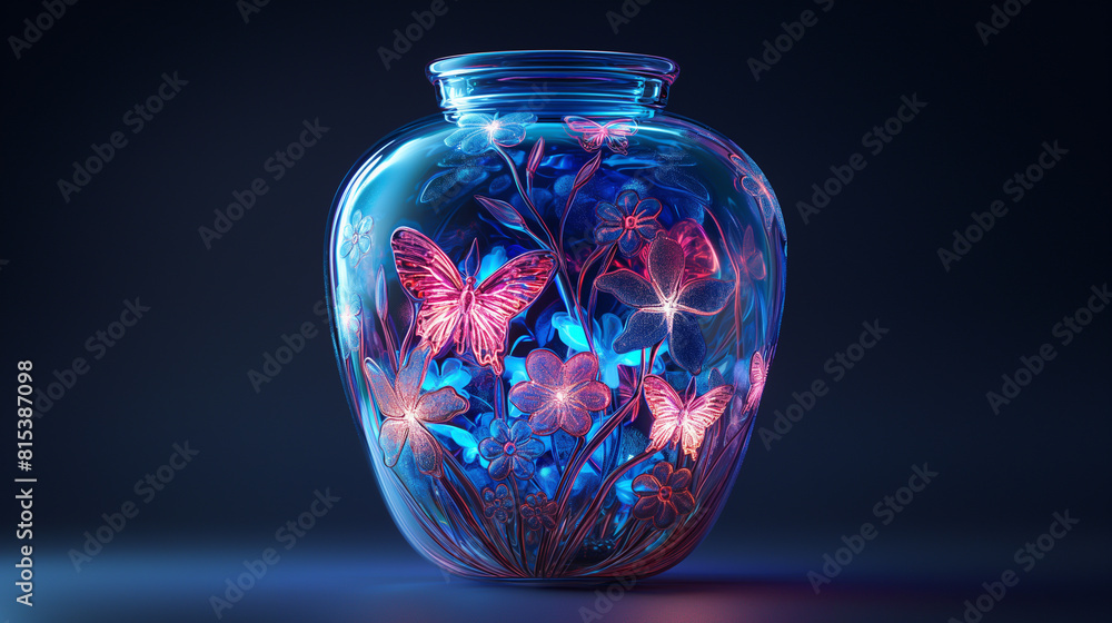 The image is a beautiful depiction of a glass jar filled with glowing flowers and butterflies The image is a beautiful depiction of a glass jar filled with glowing flowers and butterflies
