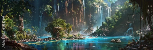 A serene tropical river flowing through dense, lush jungle with cascading waterfalls in the distance, bathed in warm, golden sunlight