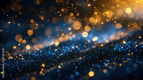 abstract background with Dark blue and gold particles. Celebration Golden light shine particles bokeh on navy blue background. Gold foil texture. Holiday concept