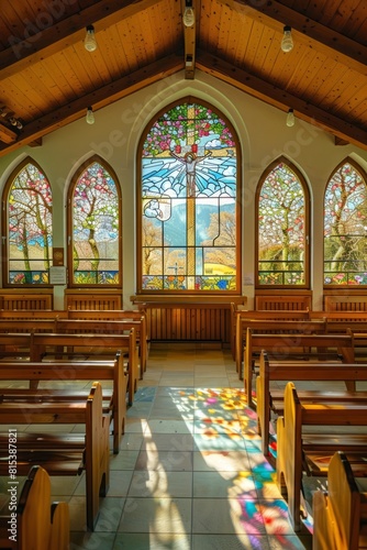 A quaint village chapel with charming stained glass windows depicting the seasons of the year  from blooming flowers in spring to snowy  Generative AI