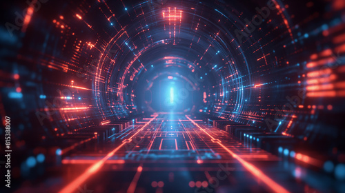 The image is a dark tunnel with red and blue lights. The tunnel is made of a grid of lines. © VRAYVENUS