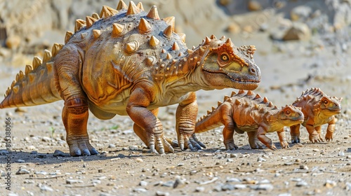 Ankylosaurus family walking on rocky terrain. Adult leading two juveniles with distinctive armor and spikes. Bright daylight highlighting the textures and colors, creating a dynamic prehistoric scene. photo