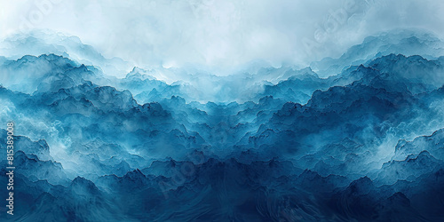 Abstract ocean waves in a deep blue color with misty white and gray tones. Created with Ai