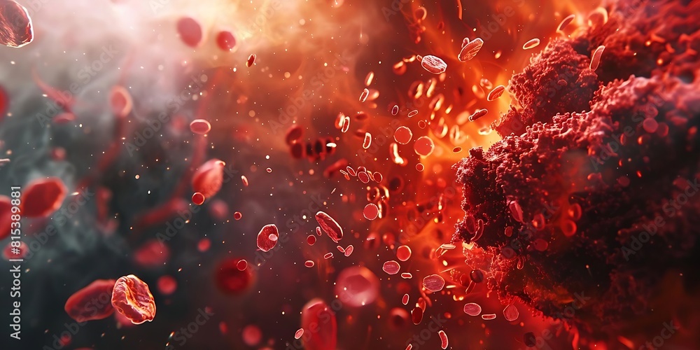 Microscopic view of red blood cells in a dynamic flow with a swirling cluster breaking apart, medical visualization Microscopic view of red blood cells in a dynamic flow with a swirling cluster breaking apart, medical visualization