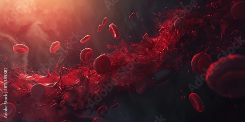 Microscopic view of red blood cells in a dynamic flow with a swirling cluster breaking apart, medical visualization photo