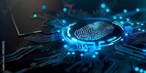 Futuristic fingerprint scanning technology with glowing blue neon circuit lines, digital identity verification concept