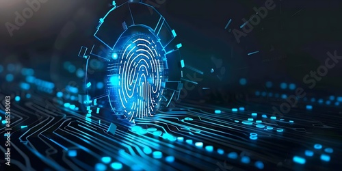 Futuristic fingerprint scanning technology with glowing blue neon circuit lines, digital identity verification concept
