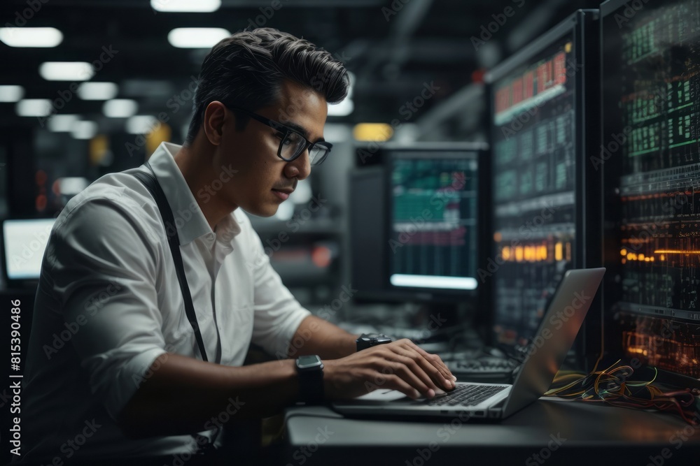 engineer man controls machine with laptop managed by programmed controller engineer man controls machine with laptop managed by programmed controller
