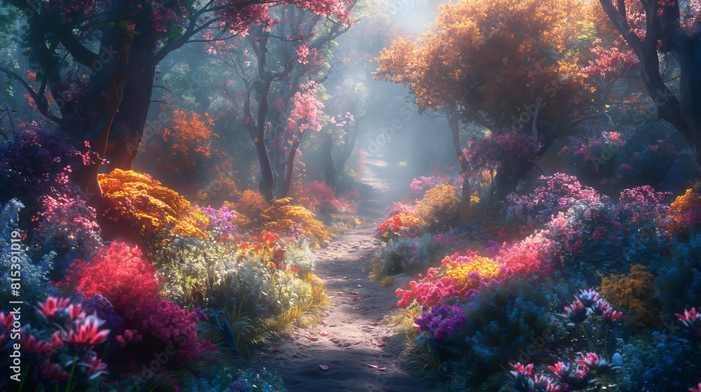 The path through the magical forest is covered with flowers The path through the magical forest is covered with flowers