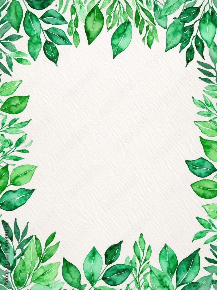 Obraz premium Watercolor green leaves background for wedding, birthday, card, invitation. Blank Space