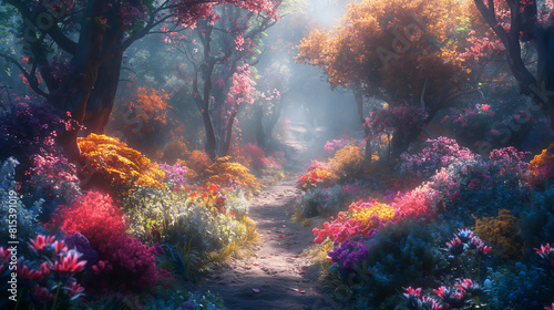 The path through the magical forest is covered with flowers