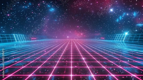 Retro futuristic background 1980s style 3d illustration. Digital landscape in a cyber world. For use as music album cover . 