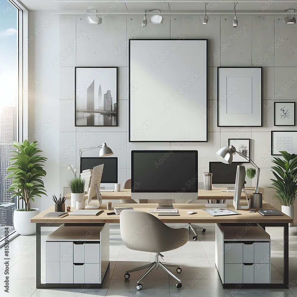 A desk with a computer and a chair in front of a window image art art photo has illustrative meaning.