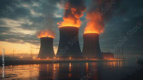 The photo shows a nuclear power plant with smoke coming out of the cooling towers. The sky is orange and the water in the foreground is reflecting the light.