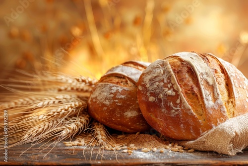 rustic loaves of bread and wheat ears on a wooden table photo