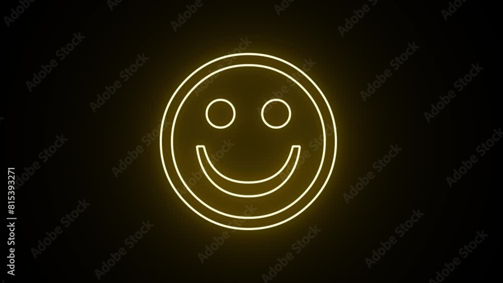 Glowing yellow neon smile face emoticon symbol blinking animation ...