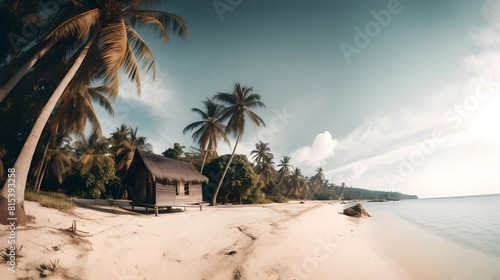 beautiful beach with resorts and tropical palm trees. Summer seascape vacation concept. © Nilla