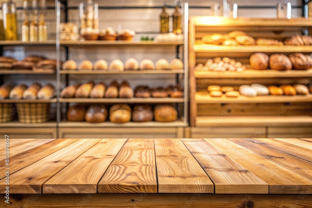 Wooden top with blurred empty bakery shop background can be used for mocking up or display product to make advertising Wooden top with blurred empty bakery shop background can be used for mocking up or display product to make advertising
