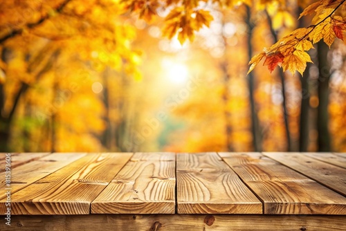 Wooden top with blurred autumn leaf background can be used for mocking up or display product to make advertising