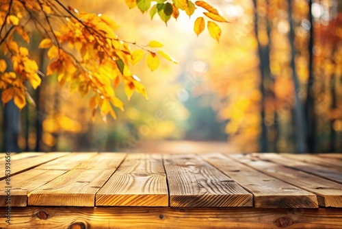 Wooden top with blurred autumn leaf background can be used for mocking up or display product to make advertising