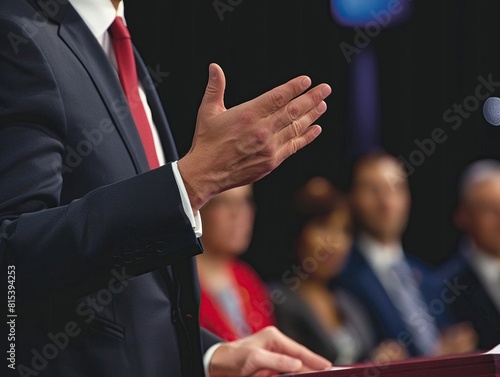 Intense closeup of a presidential candidate making an impactful point during a debate, audience in soft focus photo