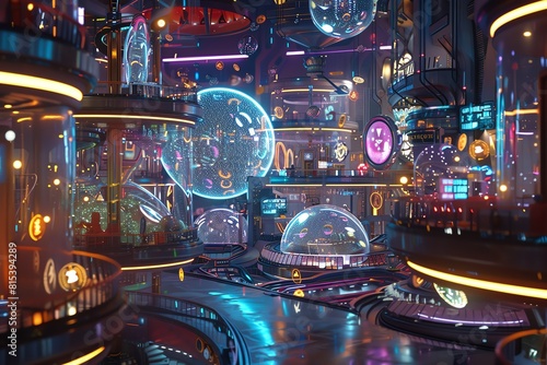 A photorealistic CG 3D rendition of a futuristic Cryptocurrency Carnival, focusing on intricate details of holographic coin performers in a dynamic