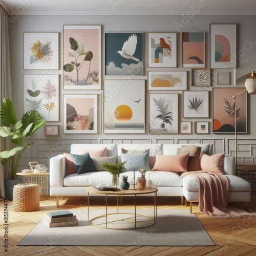 A living room with a template mockup poster empty white and with a couch and art on the wall image harmony has illustrative meaning used for printing.