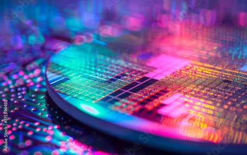 A close-up view of a semiconductor wafer, showcasing the intricate and colorful microcircuitry that is essential for modern electronics. photo