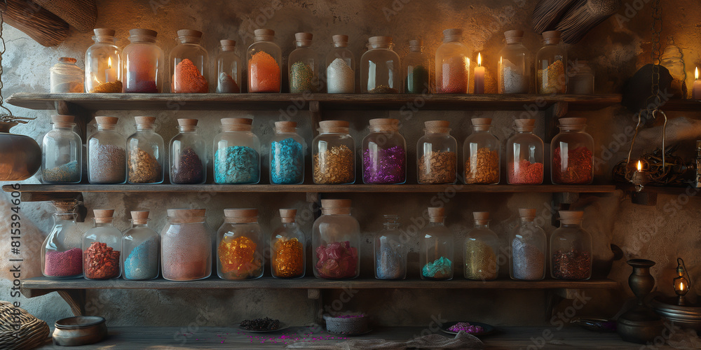 The shelves are stocked with a variety of magical powders and potions. The shelves are stocked with a variety of magical powders and potions.